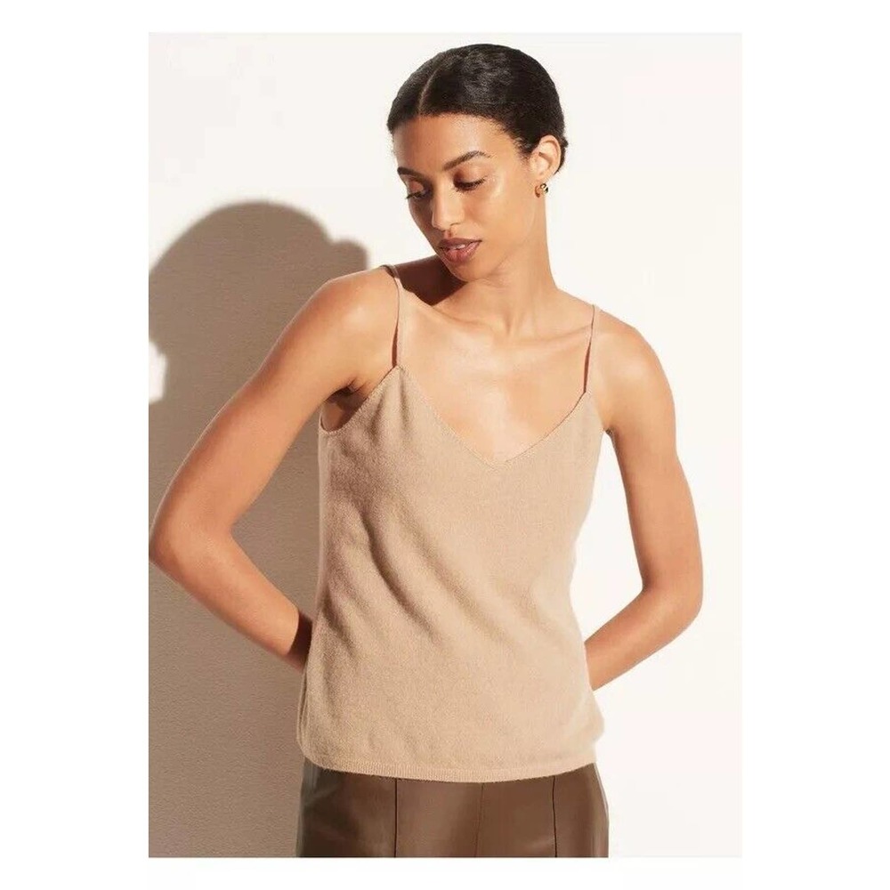 NWT Vince 100% Cashmere Crochet Strap V Neck Tank Top Camisole Light Amber Tan L